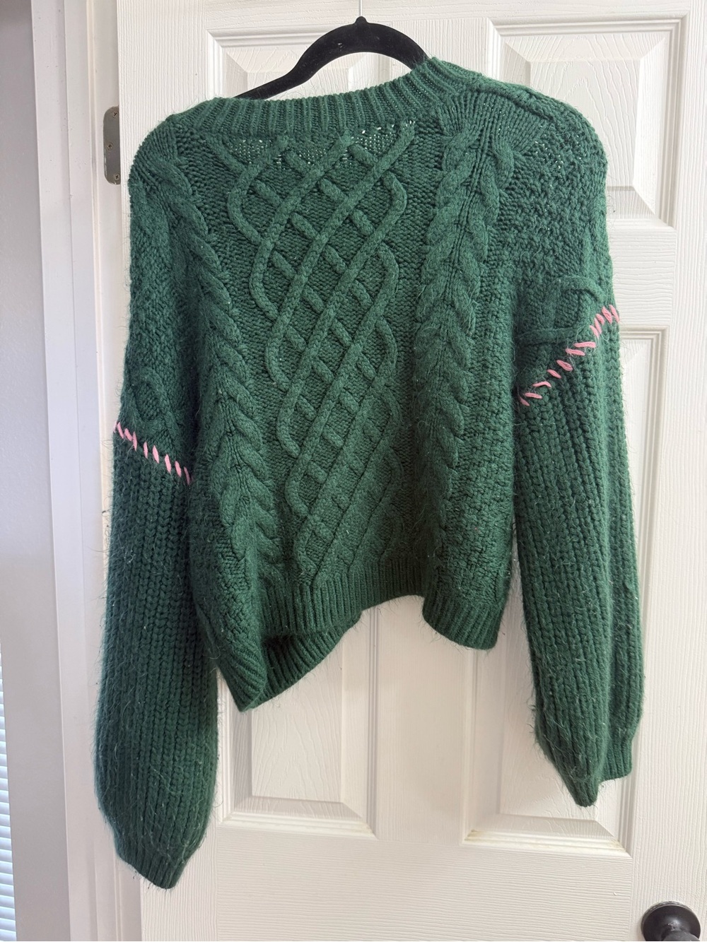 Altar'd State Dark Green Cable Knit Sweater with Pink Trim - Picture 2 of 2
